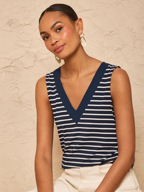 Buy Love & Roses Stripe Chiffon Trim V-Neck Jersey Vest | Women's Elegant Sleeveless Casual Top