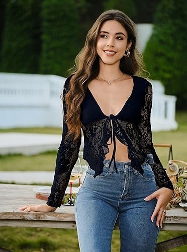 Buy Women's Open Back Lace Blouse | Elegant Long Sleeve Lace Top for Date Night and Special Occasions
