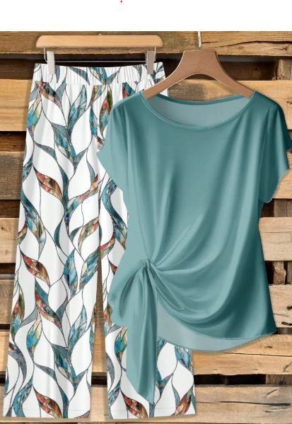 Buy SHEIN Green Bowknot Shirt & Geometric Pants 2Pcs Set | Women's Elegant Matching Outfit Set for Casual and Office Wear