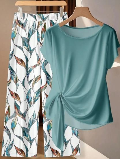 Buy SHEIN Green Bowknot Shirt & Geometric Pants 2Pcs Set | Women's Elegant Matching Outfit Set for Casual and Office Wear