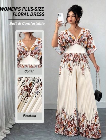 Buy Elenzga Women's Printed Deep V-Neck Jumpsuit | Elegant Wide Leg Jumpsuit for Special Occasions