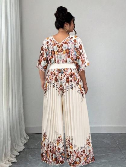 Buy Elenzga Women's Printed Deep V-Neck Jumpsuit | Elegant Wide Leg Jumpsuit for Special Occasions