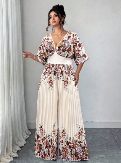 Buy Elenzga Women's Printed Deep V-Neck Jumpsuit | Elegant Wide Leg Jumpsuit for Special Occasions