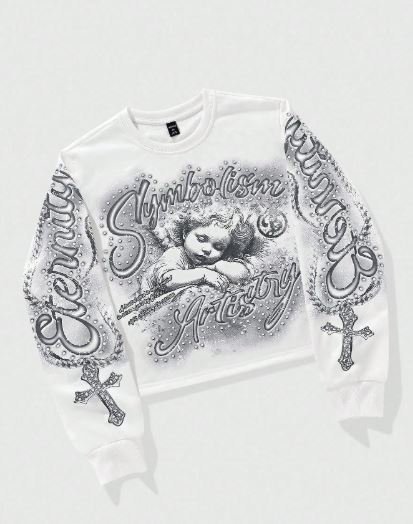 Buy ROMWE Teen Boy Letter & Cross Print Crew Neck Sweatshirt Online