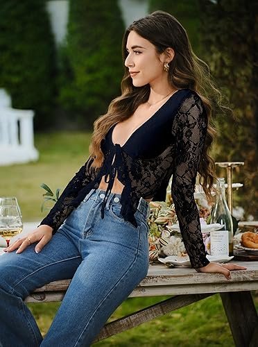 Buy Women's Open Back Lace Blouse | Elegant Long Sleeve Lace Top for Date Night and Special Occasions