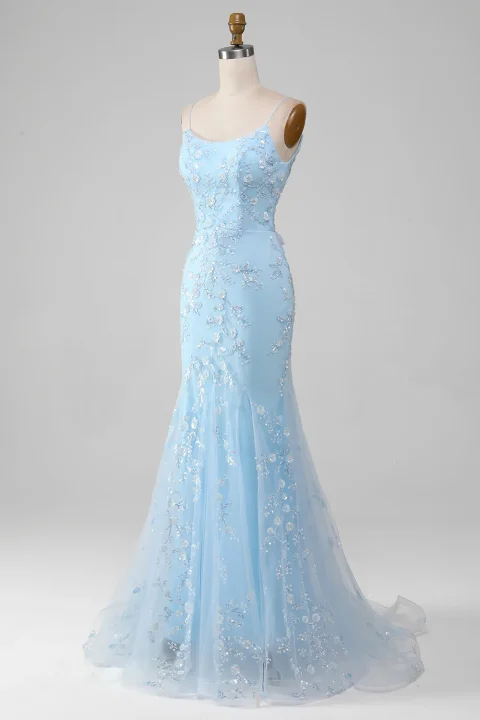 Buy Light Blue Beaded Mermaid Prom Dress Online | Elegant Lace-Up Back Formal Evening Gown