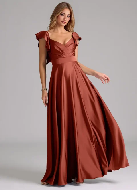Buy Terracotta A-Line Ruched Stretch Satin Dress Online | Elegant Formal Midi & Evening Dress for Women