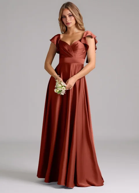 Buy Terracotta A-Line Ruched Stretch Satin Dress Online | Elegant Formal Midi & Evening Dress for Women