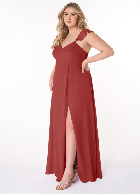 Buy Rust A-Line V-Neck Ruched Chiffon Dress Online | Elegant Bridesmaid & Formal Occasion Dress