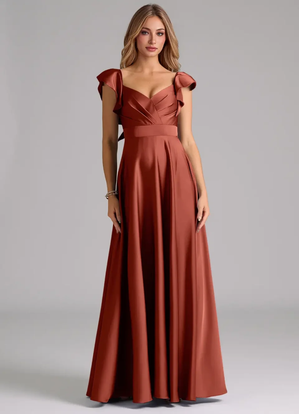 Buy Terracotta A-Line Ruched Stretch Satin Dress Online | Elegant Formal Midi & Evening Dress for Women