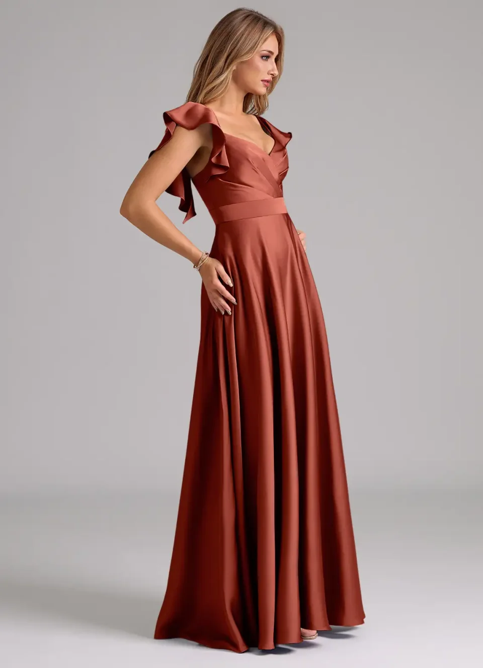 Buy Terracotta A-Line Ruched Stretch Satin Dress Online | Elegant Formal Midi & Evening Dress for Women