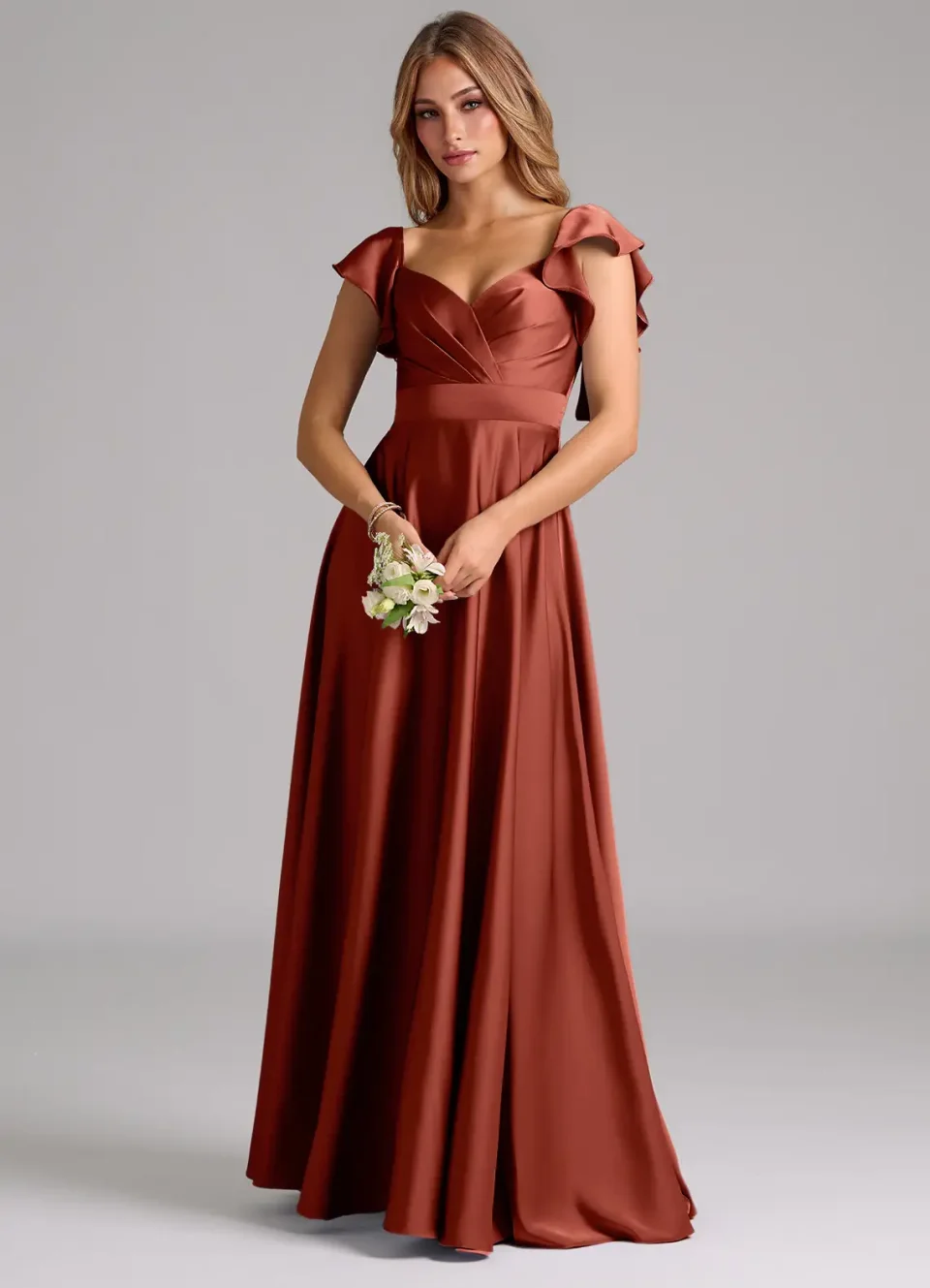 Buy Terracotta A-Line Ruched Stretch Satin Dress Online | Elegant Formal Midi & Evening Dress for Women