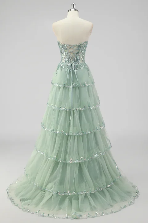 Buy Sage Green Sequin Corset Prom Dress with Slit Online | Glamorous Formal Evening Gown for Women