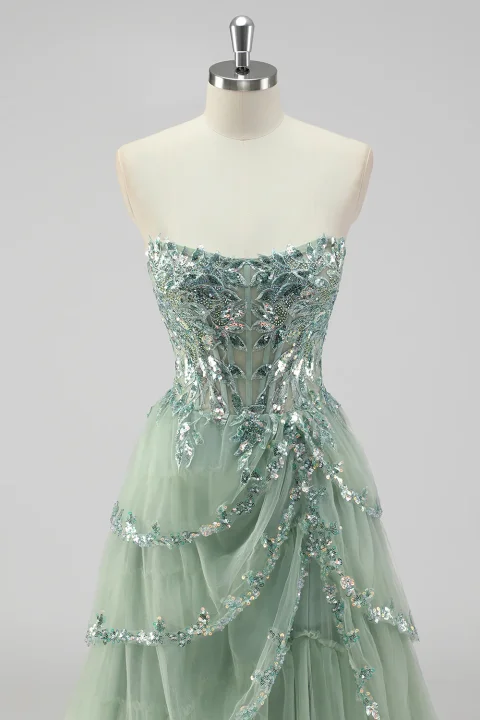 Buy Sage Green Sequin Corset Prom Dress with Slit Online | Glamorous Formal Evening Gown for Women