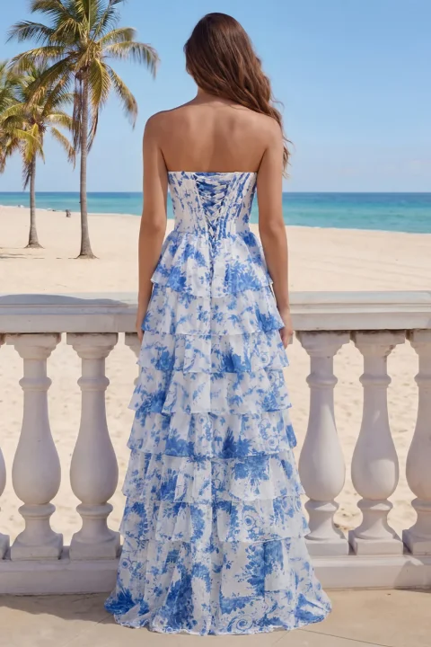 Blue & White Floral Corset Prom Dress with Slit Online | Elegant Formal Evening Gown for Women