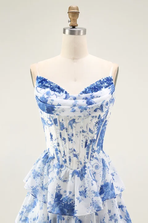 Blue & White Floral Corset Prom Dress with Slit Online | Elegant Formal Evening Gown for Women