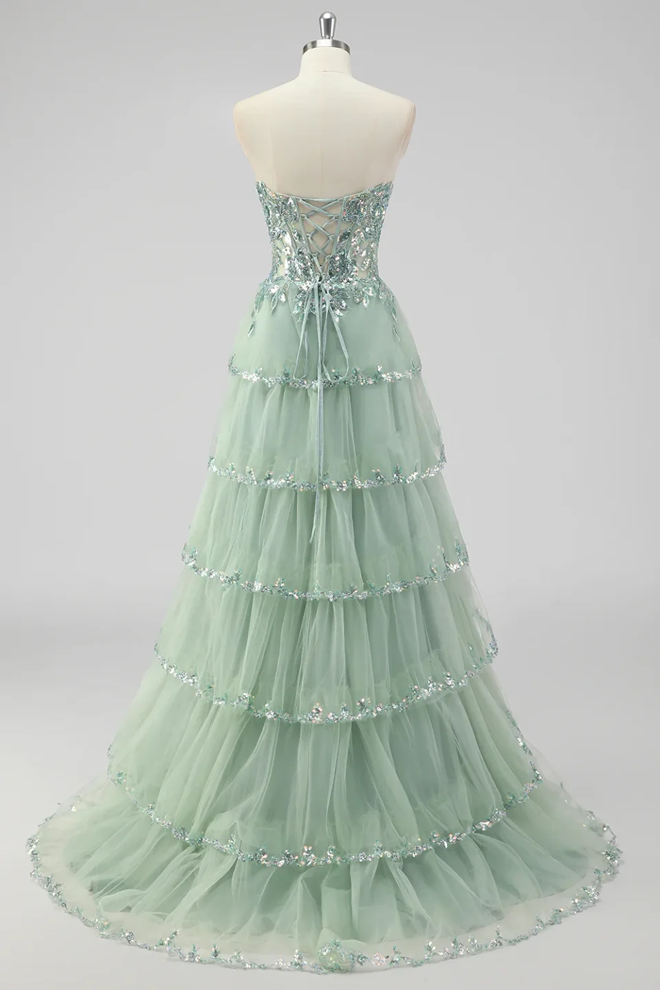 Buy Sage Green Sequin Corset Prom Dress with Slit Online | Glamorous Formal Evening Gown for Women