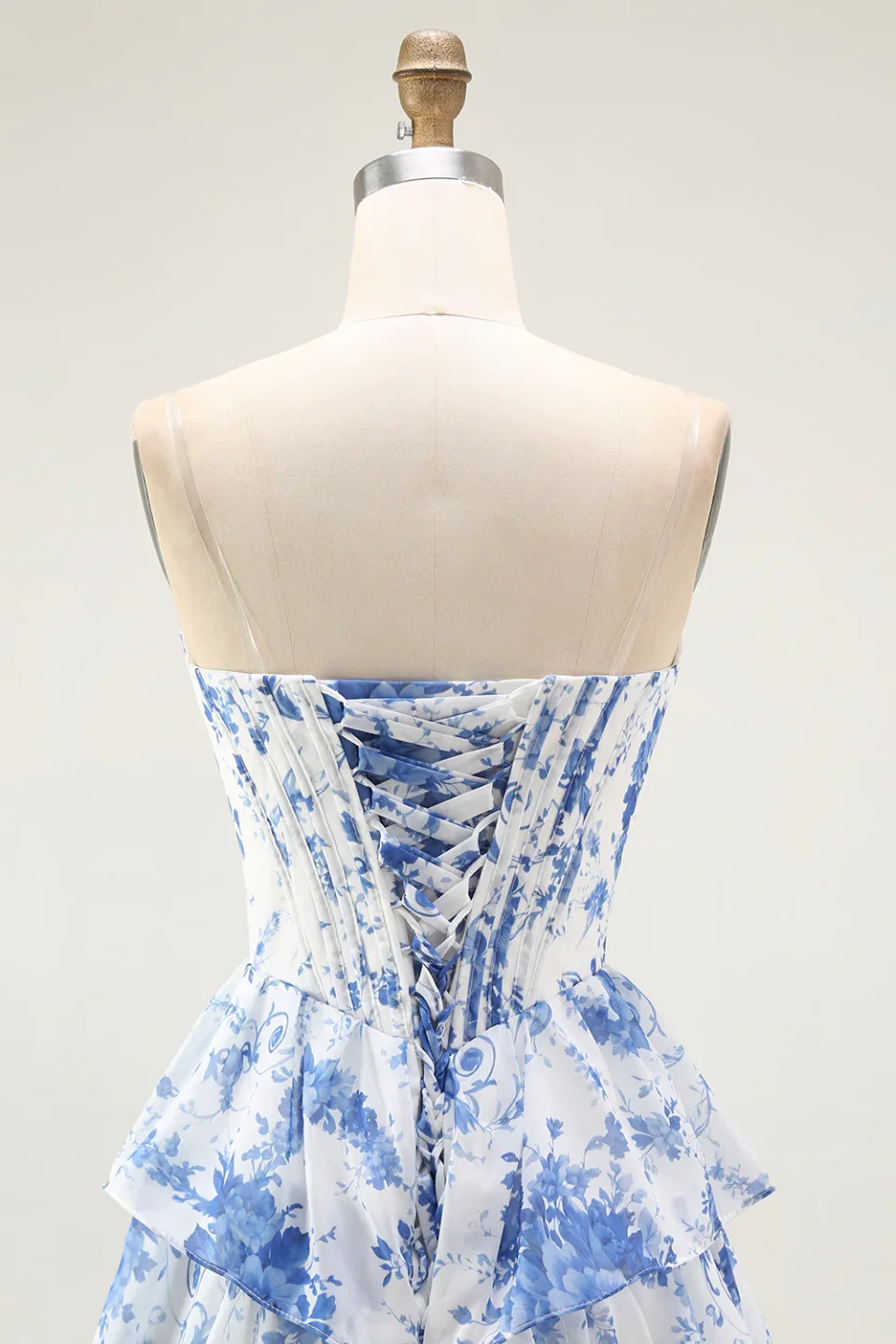 Blue & White Floral Corset Prom Dress with Slit Online | Elegant Formal Evening Gown for Women
